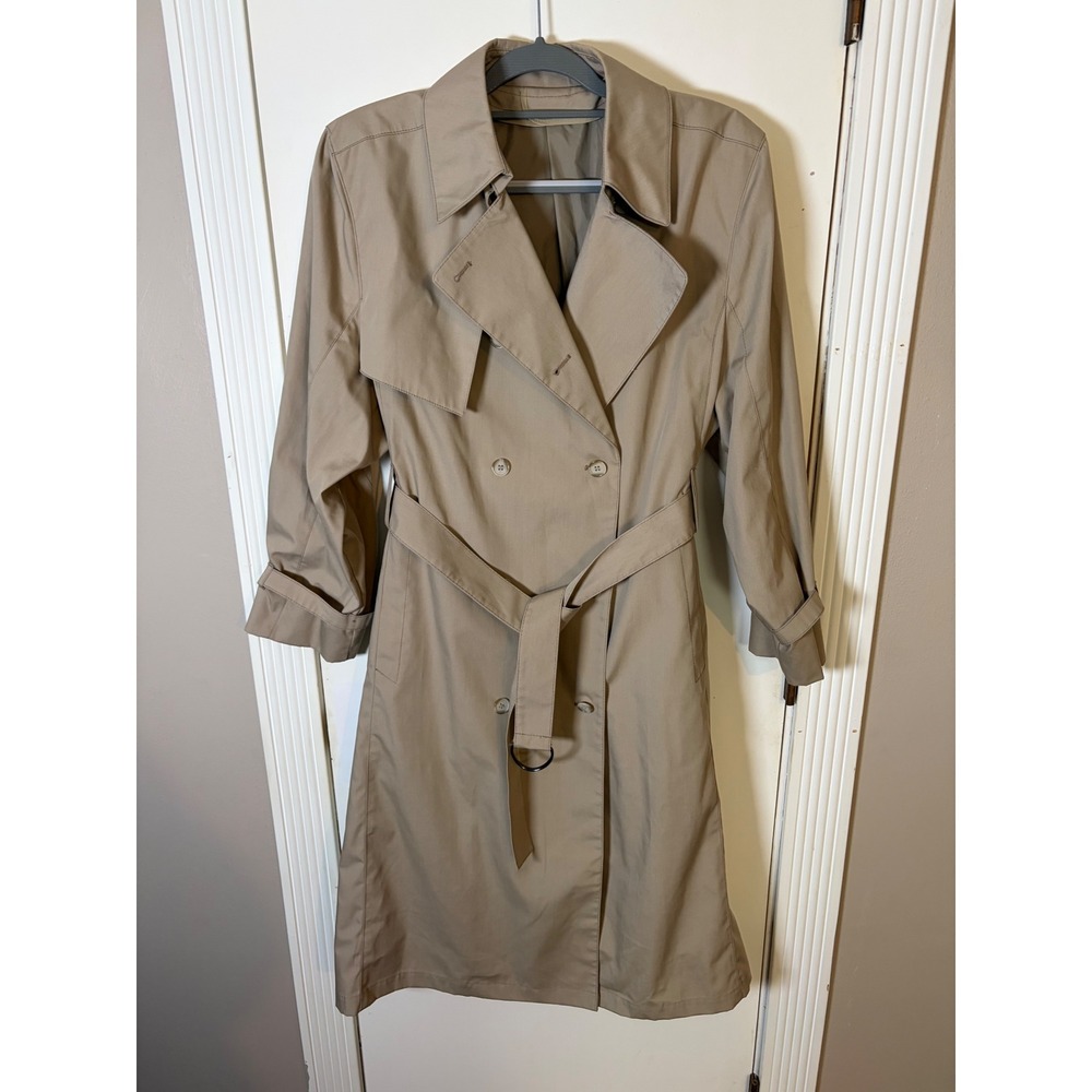 Vintage Khaki Double Breasted Trench Coat Belted Tan Long Jacket Womens
